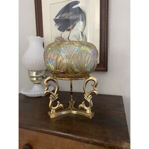 Vintage Fenton Amber Lotus Bowl Candle Holder with Brass Pedestal Stand